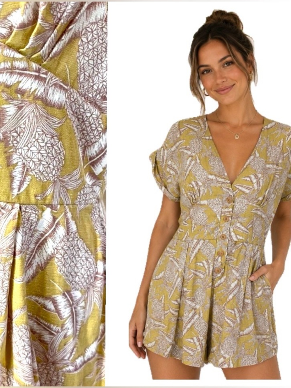 Millibon, Cotton pineapple Button-Down Romper Yellow, Size M